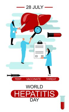 Dünya hepatit günü 28 Temmuz, el yapımı vektör çizimi. Hepatit A, B, C, D, siroz kavramı. Doktorlar karaciğeri test eder, tedavi eder ve aşılarlar. Web tasarımı veya poster için hepatit şablonunu durdur
