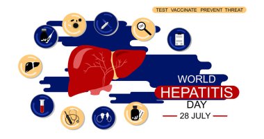 Dünya Hepatit Günü 28 Temmuz düz vektör illüstrasyonu. Hepatit A, B, C, siroz kavramı. Karaciğerin etrafında tıbbi semboller var. Aşı, tehdit, test. Web tasarımı, kart veya poster için hepatit şablonunu durdur