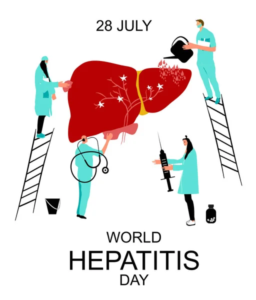 Dünya hepatit günü 28 Temmuz, el çizimi vektör illüstrasyonu. İnsan karaciğeriyle ilgilenen tıbbi giysili insanlar. Hepatit konseptini bırak. Doktorlar karikatür siroz karaciğerini aşılayıp tedavi ederler. .