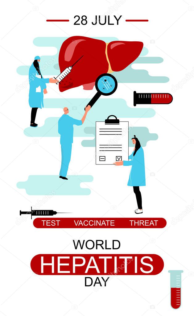 World hepatitis day 28th July hand drawn vector illustration.Concept of hepatitis A, B, C, D, cirrhosis. Doctors test, treat and vaccinate the liver.Stop hepatitis template for web design or poster