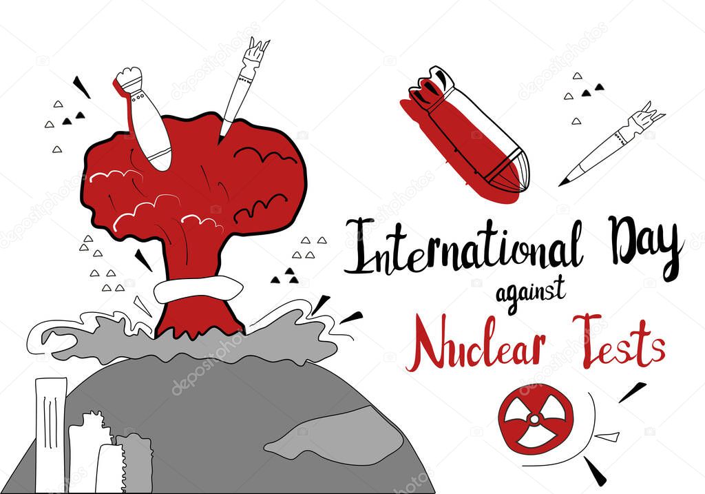 International Day against Nuclear Tests 29th august vector poster in doodle style.Nuclear explosion, detonation mushroom cloud and shock wave.Warheads, nuclear weapon, hydrogen bomb around hypocentrer