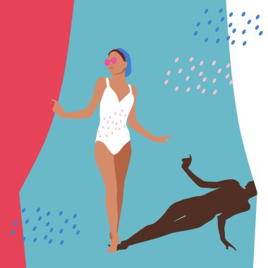 Noktalı arka planda eski tarz mayo giyen sıska genç bir kadın. Kız perdeyi geriye itiyor. El çizimi, yaz tatilleri ve güneş gözlüklü bir plaj modeli. Butik için poster