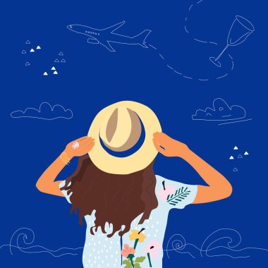 Genç kız ayakta duruyor ve tatil ve seyahat hayali kuruyor. Elleriyle bir şapka tutuyor ve saçları titriyor. El çizimi uçak sinekleri. Vektör çizimi. Seyahat acentesi reklamı.