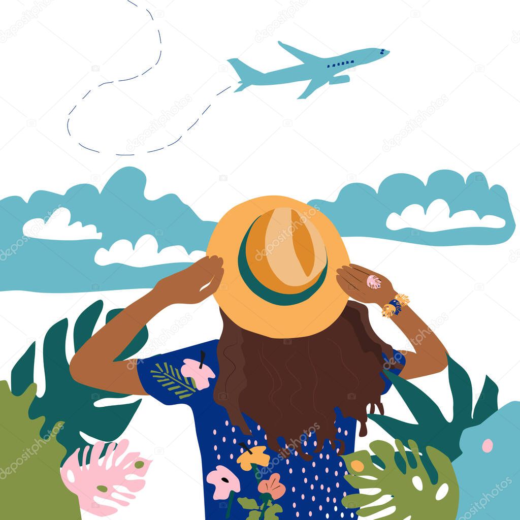 Young girl stands and dreams about vacation and travel. She holds a hat with her hands. Hand drawn summer vector illustration with tropical leaves and funky clouds. Advertisement for travel agency.