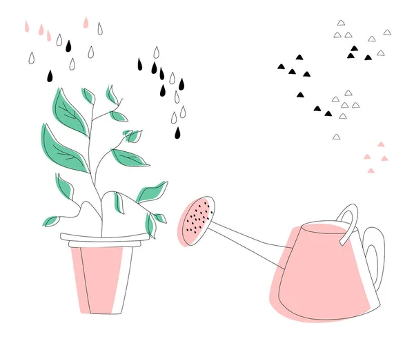Plant Een Pot Besproeiing Verzorging Doodle Vector Illustratie Met Gieter — Stockvector