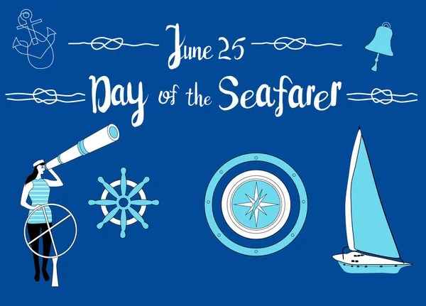 Dag Van Zeevarende Juni Vector Illustratie Zeilboot Staat Achter Het — Stockvector