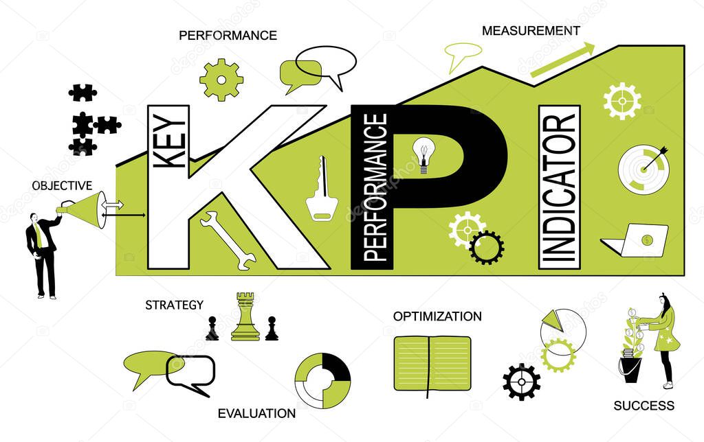 Key Performance Indicator (KPI) typography vector illustration with icons for business, teamwork,office people,target,keys, bubbles.Growth curve with arrows strategy, optimization. Horizontal banner