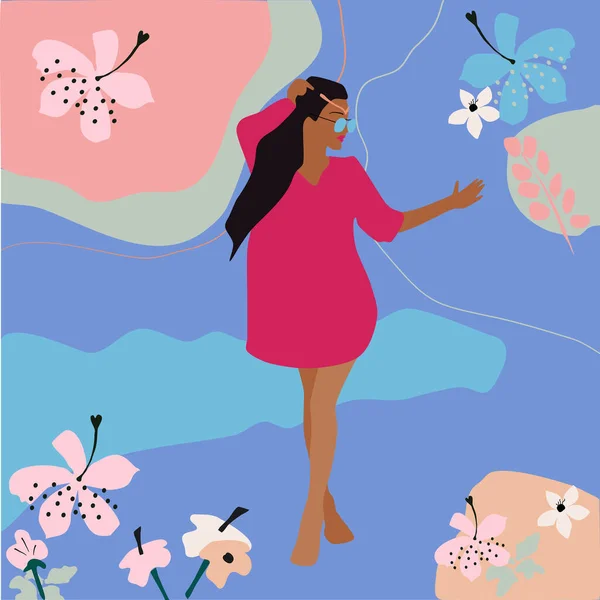 Молодая Женщина Пляжном Платье Вокруг Тропических Листьев Цветы Лотоса Flutters — стоковый вектор