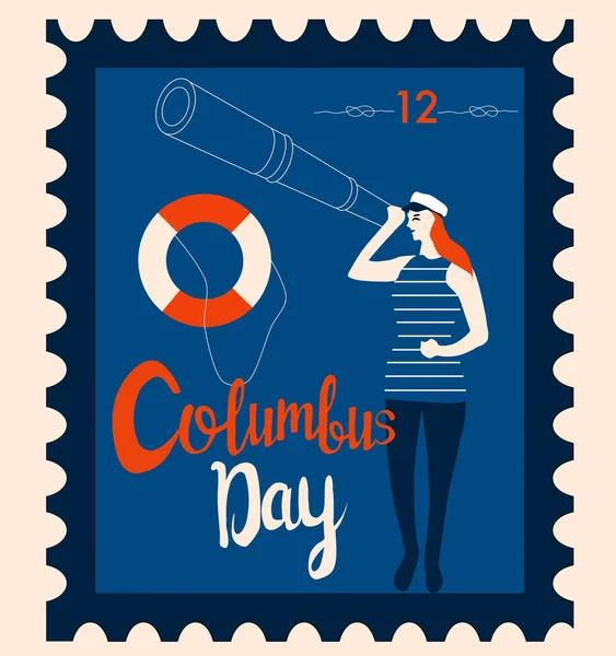 Columbus Day Retro Stempel Pocztowy Marynarz Patrzy Rurę Zawieszenia Staromodny — Wektor stockowy