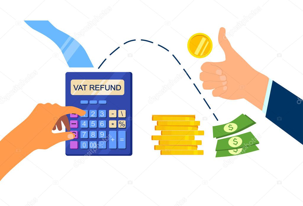 Tax return, vat refund or other money back operations symbol. Flat design vector money symbols. Hands counting on a calculator. Tax free shopping calculator concept for  website page. Financial icons
