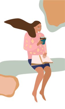 Göz bantlı bir kız oturuyor, kitap okuyor ve elinde kahve fincanı tutuyor. Günlük sabah rutini, kadının kahvaltısı. Vector 'un el çizimi posteri. Kozmetik ve moda blogları, vlog, podcast. Ev hayatı.