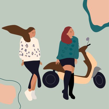 Motosikletli ya da motosikletli iki kız. Özgürlük, yolculuk, yol konsepti. Kadın gücü ve gerçek arkadaşlık. Seyahat acentesinin posterleri.