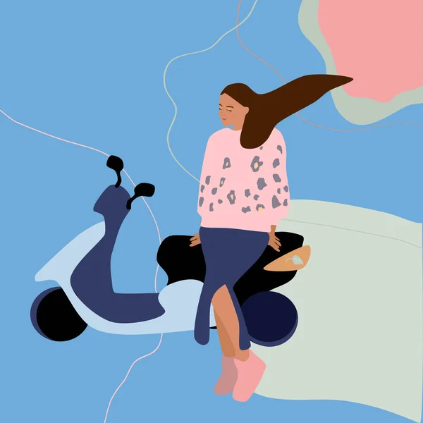 Дівчина Спідниці Щілиною Спирається Мотоцикл Або Скутер Свобода Подорож Концепція — стоковий вектор