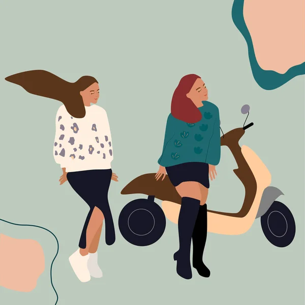 Dos Niñas Una Falda Con Motocicleta Scooter Freedom Viaje Concepto — Vector de stock