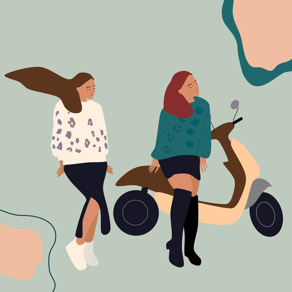 Two girls in a skirts with motorcycle or scooter.Freedom,journey,road trip concept.Woman power and real friendship.Travel agency poster.Hand drawn vector illustration on abstract background.Adventures