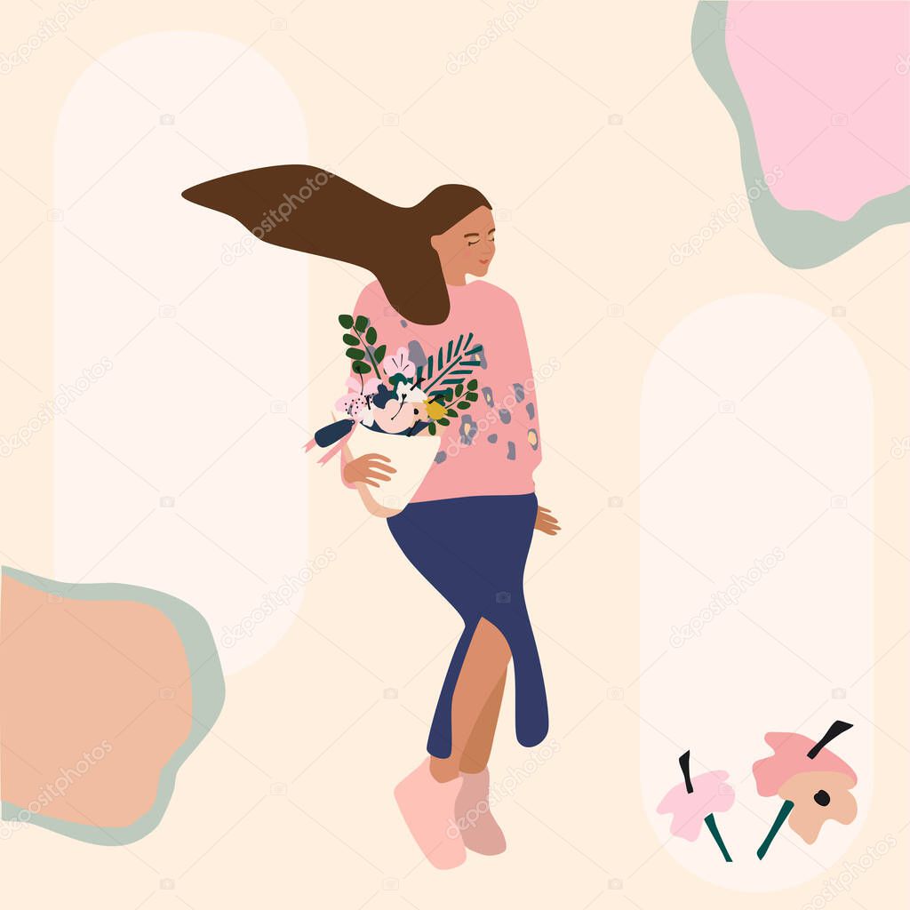 A girl in a skirt with a slit carries a bouquet of flowers. Gift concept, International Women's Day. Flower shop template.Hand drawn vector illustration leopard print sweater,fluttering hair,abstract.