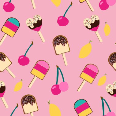 Meyveli dondurmayla kusursuz desen. Donmuş yoğurt, çikolatalı jöle. Çubuklu dondurma. Tatlı, mango ve kiraz. Buz şekeri. Kafe menüsü, defterler, tekstil için vektör illüstrasyonu