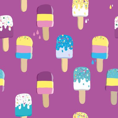 Meyveli dondurmayla kusursuz desen. Dondurulmuş yoğurt. Çubuklu dondurma. Farklı malzemeler ve aromalı. Erimiş yaz tatlısı. Kafe menüsü, defterler, kartlar, tekstil için vektör illüstrasyonu.