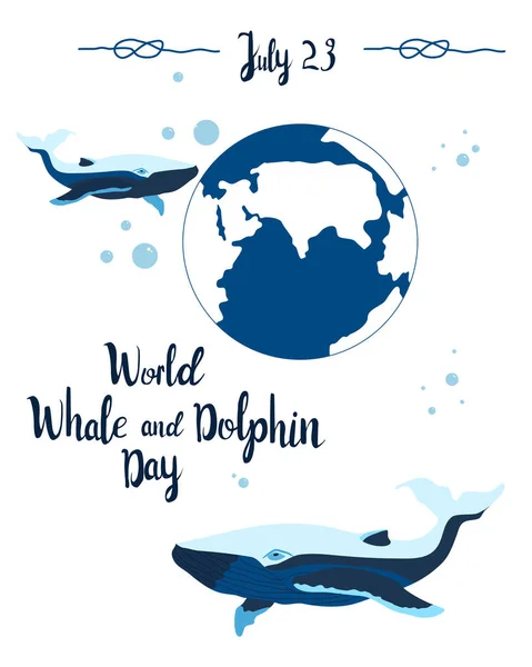 Wereldwalvissen Dolfijnen Dag Juli Vector Wenskaart Handgetekende Walvissen Zwemmen Rond — Stockvector