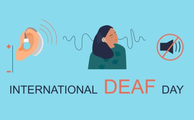 International Deaf day 23 september hand drawn vector illustration.Young deaf girl with hearing aid.Hearing disability concept.Ableism,equal rights and opportunities,disabled.Save hearing.Ear care. clipart