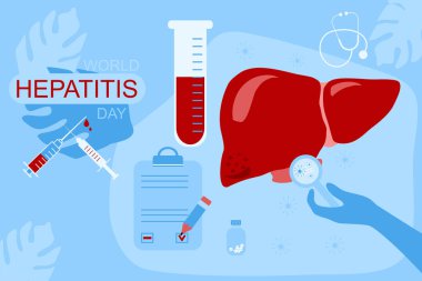 Dünya Hepatit Günü 28 Temmuz el yapımı vektör çizimi. Hepatit A, B, C, D, siroz kavramı. Karaciğer bakımı, aşı. Web tasarımı ve gelecek nesiller için hepatit şablonunu durdurun.