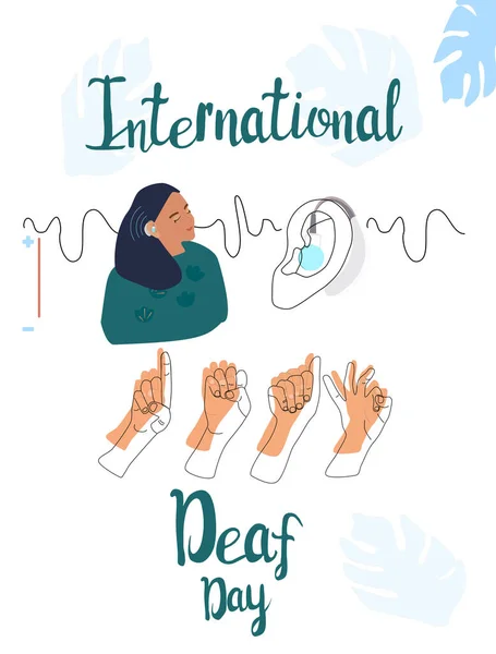 Διεθνής Ημέρα Κωφών Σεπτέμβριος Γραμμή Τέχνης Διάνυσμα Εικονογράφησηνεαρό Κουφό Κορίτσι — Διανυσματικό Αρχείο