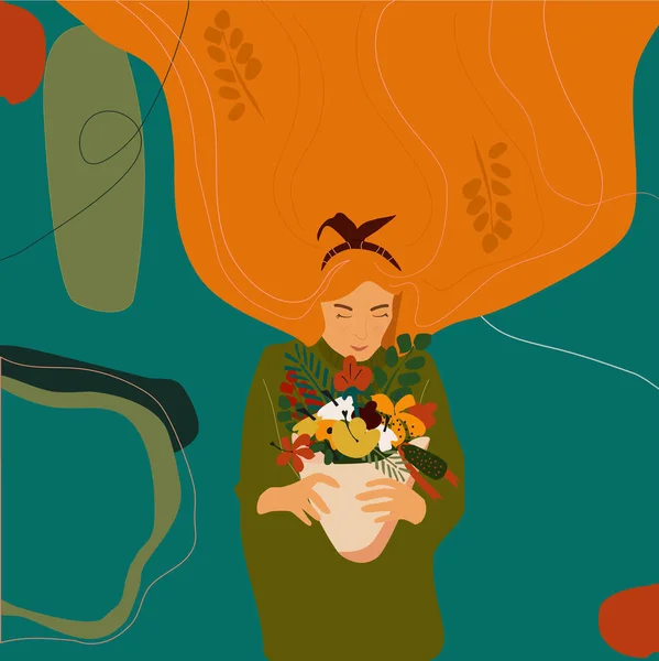 Dívka Oranžovými Vlasy Drží Podzimní Kytici Ruce Karmínové Listy Zlaté — Stock fotografie zdarma