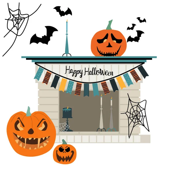 Halloween Home Decoration Brick Fireplace Flags Cobweb Creepy Spooky Night — Stock Vector