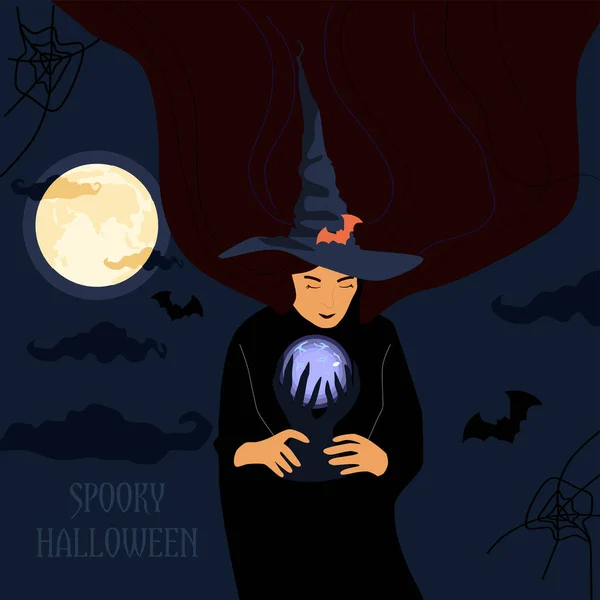 Halloween Ilustracji Czarownica Posiada Magiczną Świecącą Piłkę Przywołuje Sprawia Przedpremier — Wektor stockowy