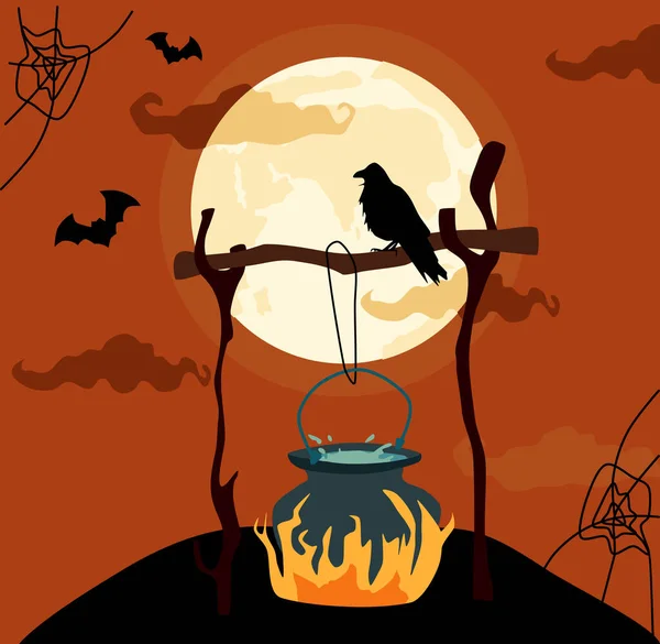 Halloween Night Party Invitation Greeting Card Potion Poison Boils Cauldron — Stock Vector