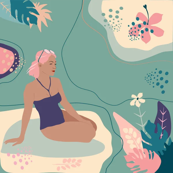 穿着泳衣坐在海滩上 环绕着热带雨林的树叶 梦境和日光浴 手绘带有抽象背景的矢量画图 — 图库矢量图片