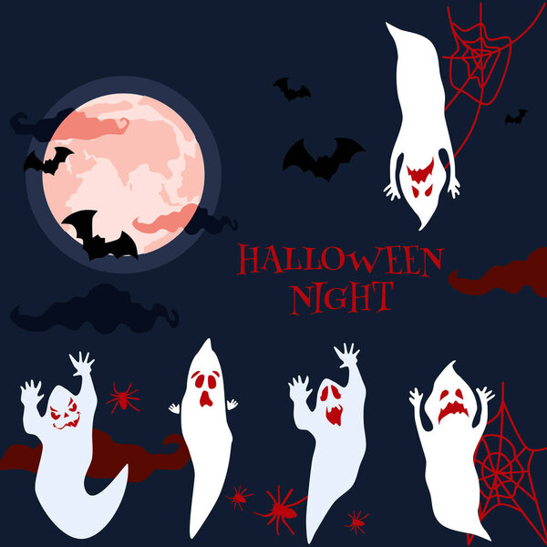 Halloween night spooky party invitation or greeting card.Ghosts, spirits with scary masked faces, horrible facial expressions fly.Phantoms party.Bloody clouds, full moon, silhouettes of bats, spiders, web
