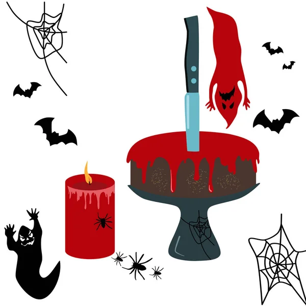 Halloween Čokoládový Dort Dezert Přilepeným Nožem Červené Skvrny Krve Glaze — Stockový vektor