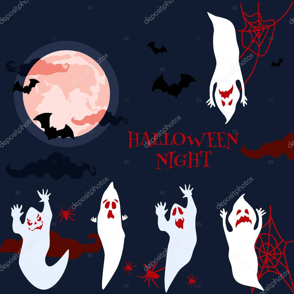 Halloween night spooky party invitation or greeting card.Ghosts,spirits with scary masked faces,horrible facial expressions fly.Phantoms party.Bloody clouds,full moon, silhouettes of bats,spiders,web