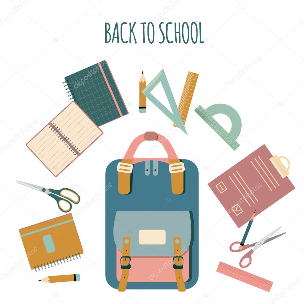 Back to school concept with different size diary,open,closed notebook,exercise book.What lies in briefcase.Student routine toolls.Stationery set in flat style.Vector scissors,pencils,ruler,protractor