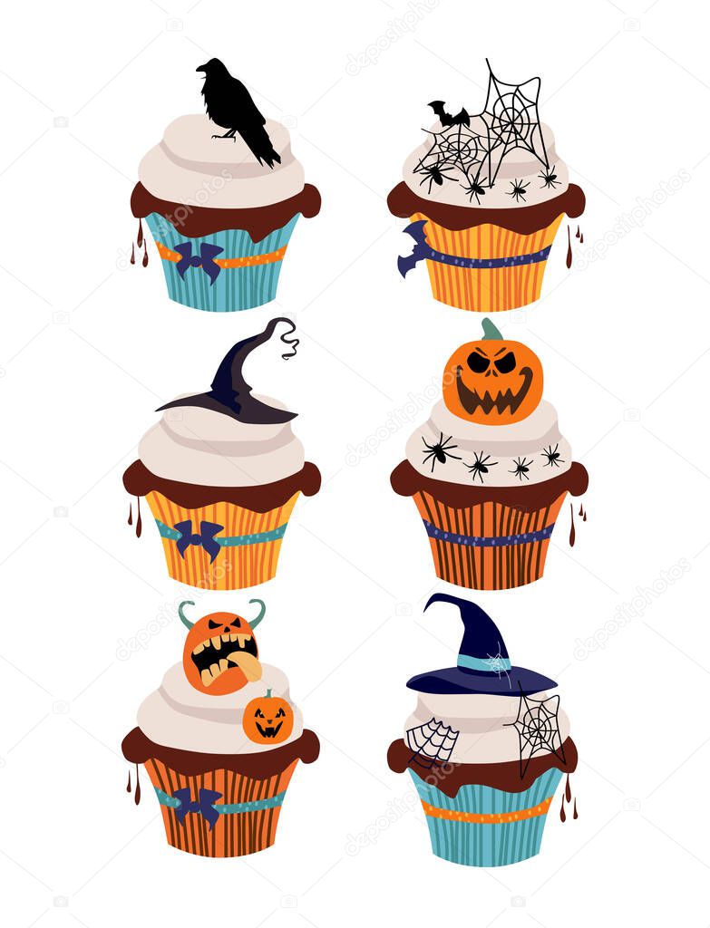 Halloween cupcakes with traditional symbols.Marzipan Jack-o'-lantern,chocolate raven,cobwebs and spiders,witch hat made of fudge,vanilla cream,chocolate icing.Halloween party invitation, greeting card