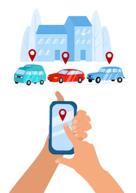 Ellerinde akıllı telefon, arabanın konumu. Çevrimiçi taksi, kira ve araba paylaşım hizmetlerini mobil uygulama kullanarak sipariş etmek. Kablosuz park yerinin vektör düz çizimi. Siluet, alçak binalar