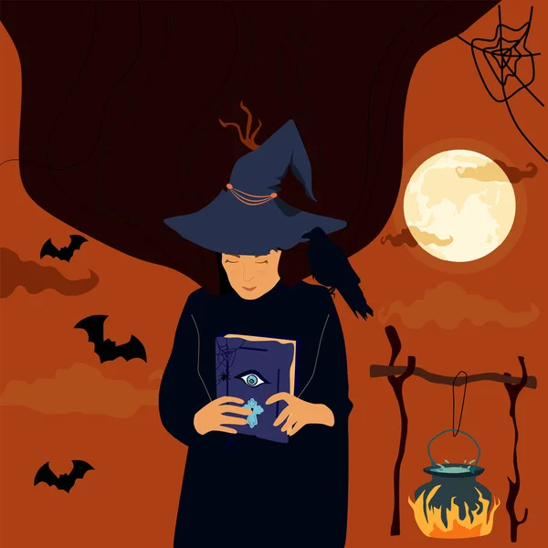 Notte Spaventosa Halloween Strega Tiene Libro Incantesimi Evoca Veleno Pozione — Vettoriale Stock