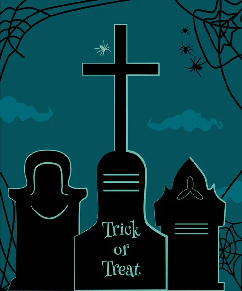 Cemetery Graves Crosses Halloween Greeting Card Gravestones Illuminated Mysterious Green — Stock Vector