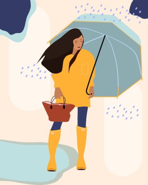 Sarı yağmurluklu ya da yağmurluklu, lastik çizmeli bir kız. Yağmurun altında şemsiye tutuyor. Sonbahar havası, ayağının altındaki su birikintisi. Havalı bir el çantası. Kıyafetlerle butiği dekore etmek için bir vektör.