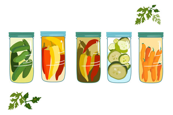Маринады. Осенний сбор урожая. Огурцы, перец чили, морковь со специями и кусочками цуккини в стеклянной миске с крышкой. Вектор изолирован на белом фоне, петрушка вокруг.
