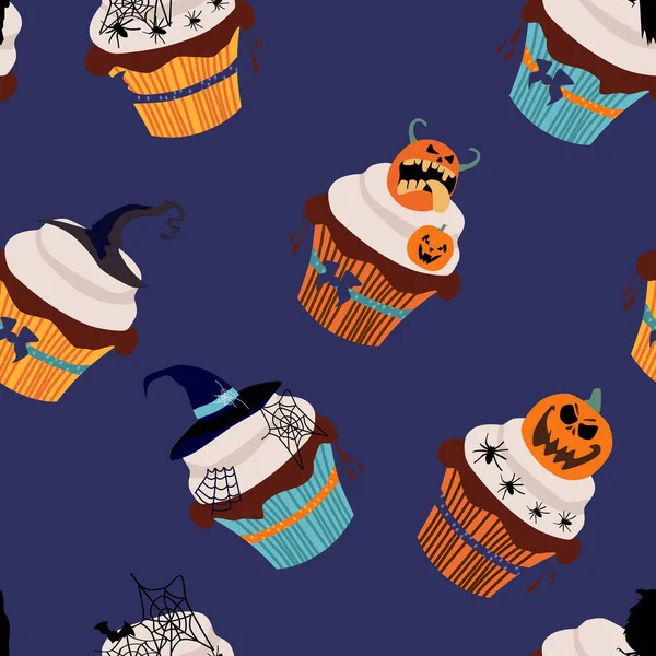 Cadı Desenli Kek Geleneksel Simgeler Marzipan Jack Lantern Çikolata Kuzgunu — Stok Vektör