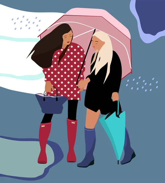 International Friendship Day Two Pretty Girls Walking Rain One Umbrella — Stock Vector