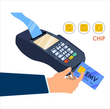 EMV ödeme metodu kavramı. Akıllı kredi kartı ya da banka kartı kullanan el. Farklı çipli temassız teknoloji. PINpad ya da dijital imza. Fişi olan POS terminali. Düz biçimli vektör illüstrasyonu