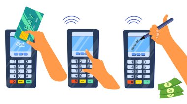 EMV çip ödeme yöntemi konsepti. PINpad ya da dijital imza. Akıllı kredi kartı ya da banka kartı. Temassız teknoloji. Para işlemleri için POS terminali. Düz biçimli vektör illüstrasyonu