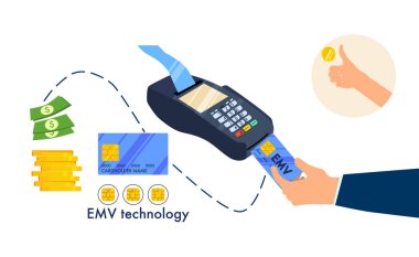 EMV ödeme yöntemi konsepti. Akıllı kredi kartı ya da banka kartı. Temassız çip teknolojisi. PINpad ya da dijital imza. Satış Noktası (POS) makbuzlu. Düz biçimli vektör illüstrasyonu