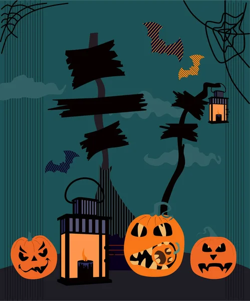 Halloween Scary Postcard Night View Jack Lanterns Weird Facial Expressions — Stock Vector