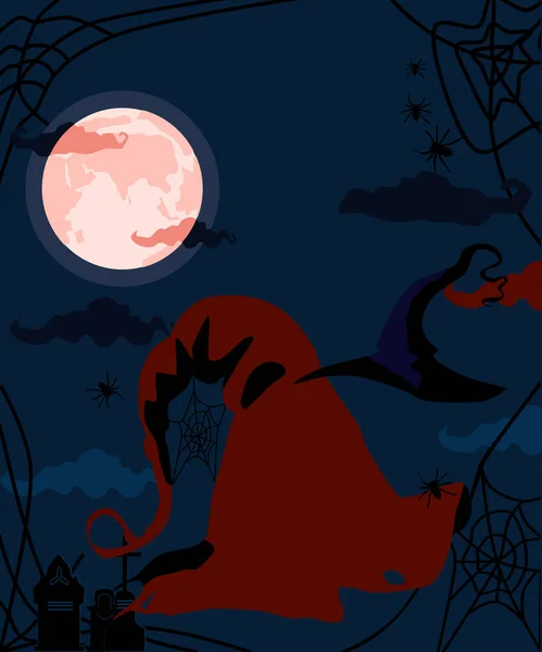 Concept Halloween Avec Chapeaux Sorcière Pleine Lune Rouge Sanglante Silhouettes — Image vectorielle