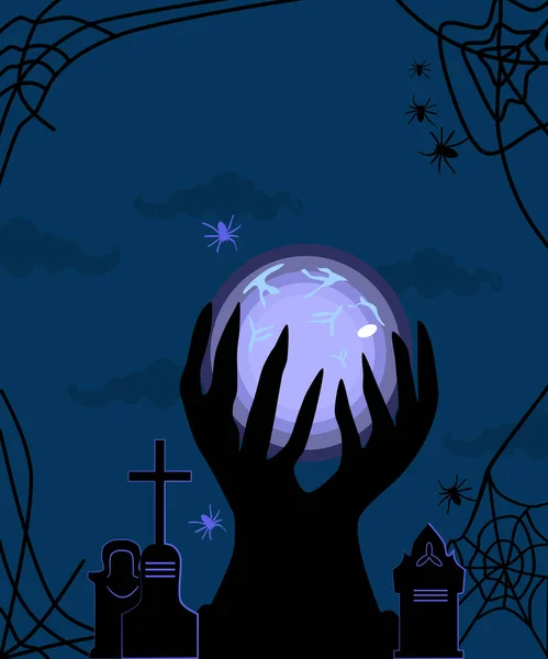 Ilustração Halloween Com Bola Luminosa Mágica Bruxa Cemitério Tombstones Conjure — Vetor de Stock