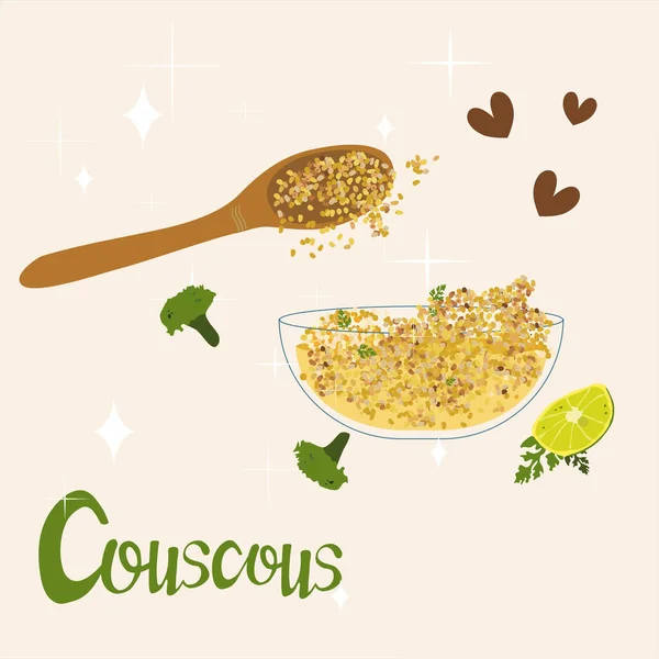 Bouillie Couscous Base Plantes Quinoa Brocoli Aliments Biologiques Végétaliens Boules — Image vectorielle